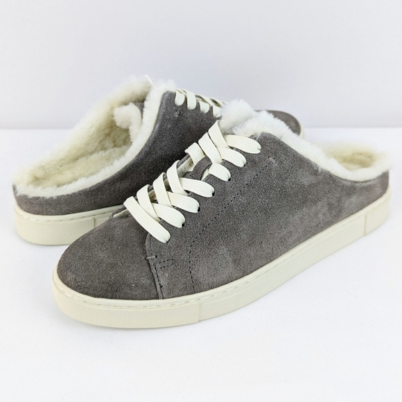 Frye Ivy Genuine Shearling Suede Sneaker Mule Slip On Medium Grey 8.5M NIB - Picture 1 of 14